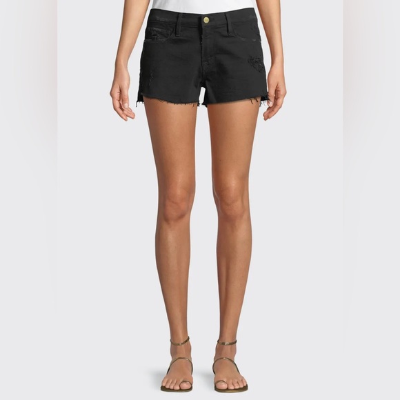Frame Denim Pants - Frame Denim Le Cutoff Tulip Hem Raw Shorts Black Size 33